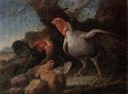 unknow artist Still life of a turkey,a bantan,a barn owl and a grey partridge in a rocky landscape oil painting